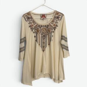 Johnny Was Embroidered Tunic Top Womens Medium Cream Brown Boho Swing 3/4 Slv